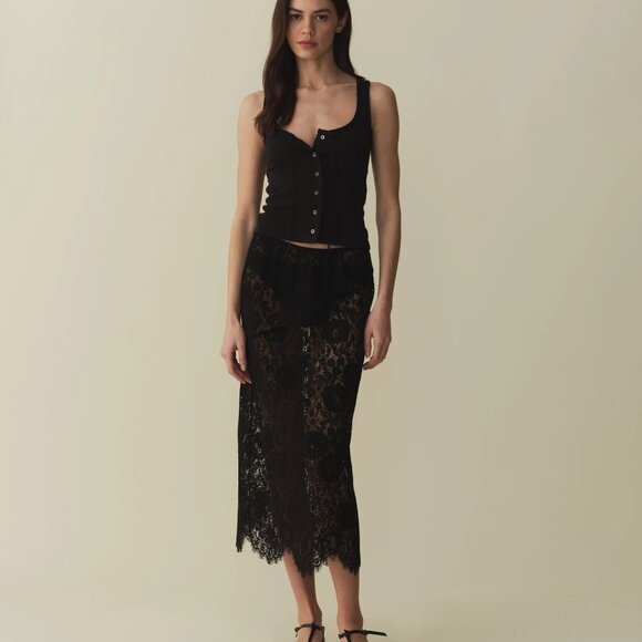 Doen Dresses & Skirts - Doen Black Sheer Lace Midi Skirt